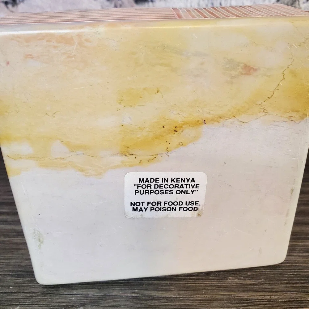 Square Carved Soapstone Trinket Box W/ Lid Geometric Neutrals HEAVY Kenya